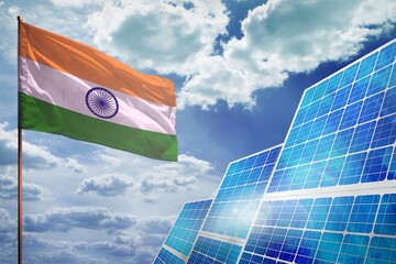 India solar energy, alternative energy industrial concept with flag industrial illustration - fight with global climate changing, 3D illustration