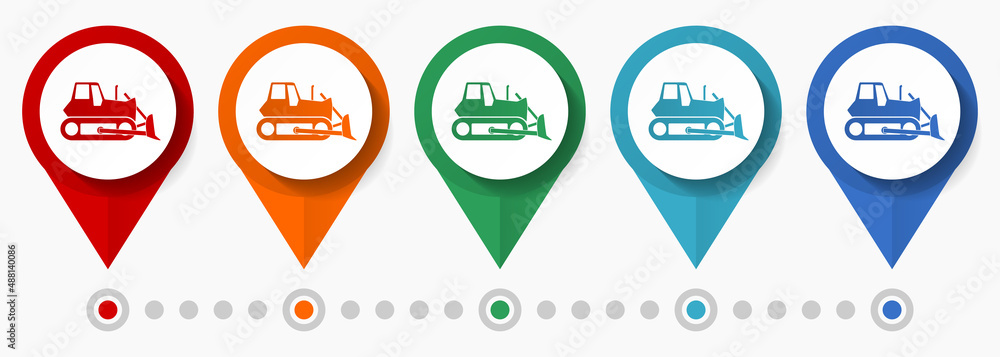 Poster bulldozer concept vector icon set, flat design heavy tractor pointers, infographic template easy to 