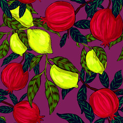 Creative seamless pattern with fruits: lemons, oranges, grapes and pomegranates. Oil paint effect. Bright summer print. Great design for any purposes	