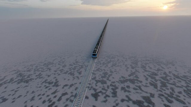 A fast-moving train in the Gobi Desert.