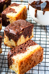 Marble cake slices on cooling tray. Sweet food dessert