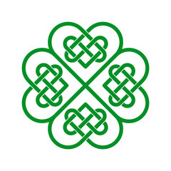 Celtic knot in a shape of shamrock. Green Irish heart. Four leaf clover lucky charms. Celtic endless love symbol. Saint Patrick's Day design element. Intertwined hearts. Vector illustration, clip art.