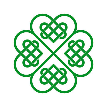 Celtic knot in a shape of shamrock. Green Irish heart. Four leaf clover lucky charms. Celtic endless love symbol. Saint Patrick's Day design element. Intertwined hearts. Vector illustration, clip art.