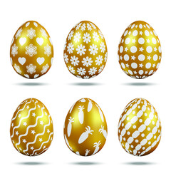 Realistic gold easter  eggs with pattern set.