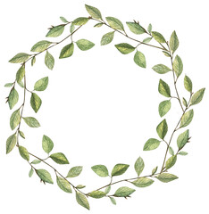 Watercolor illustration of a floral wreath-frame of hydrangea branches, leaves and flowers