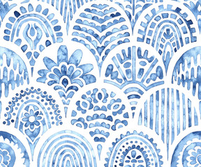 Seamless moroccan pattern. Wavy vintage tile. Blue and white watercolor ornament painted with paint on paper. Handmade. Print for textiles. Set of grunge textures. - 488142625