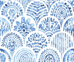 Foto auf Acrylglas Nahtloses marokkanisches Muster. Gewellte Vintage-Fliese. Blaue und weiße Aquarellverzierung, die mit Farbe auf Papier gemalt wird. Handgemacht. Druck für Textilien. Reihe von Grunge-Texturen. © flovie