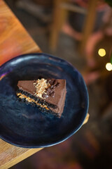 a slice of vegan chocolate cake top view