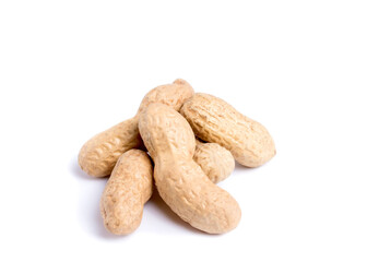 Peeled peanuts and peanut pod isolated on white background.