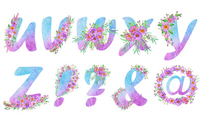 Watercolor blue alphabet letters with flowers.  For greeting cards.hand drawn flowers. 