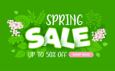 Advertising banner about seasonal spring sale. Expressive lettering, bright spring fresh leaves, blooming flowers and button for shop now on green background. Cartoon style. Vector illustration.