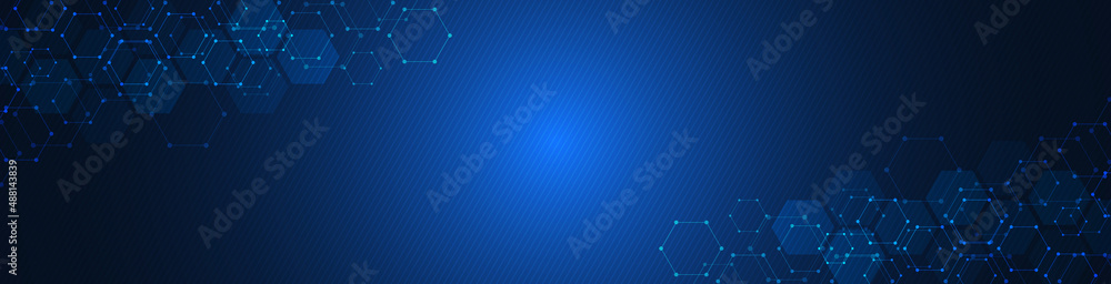 Wall mural abstract tech background and geometric pattern with hexagons for banner design or header
