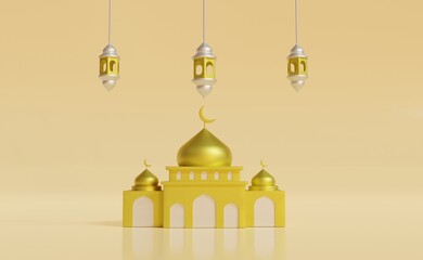 Ramadan Kareem 3d illustration with copy space.Traditional religious symbol crescent, hanging lanterns, gold confetti. Ramadan Kareem