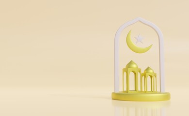 Ramadan Kareem 3d illustration with copy space.Traditional religious symbol crescent, hanging lanterns, gold confetti. Ramadan Kareem