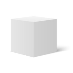 3d cube. Model of white cube with shadow. Geometric shapes background.