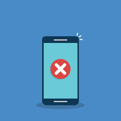 Smartphone with error alert vector illustration, mobile phone with warning icon, alarm or attention message notification, caution or broken cellphone, prohibited or access denied. Vector illustration