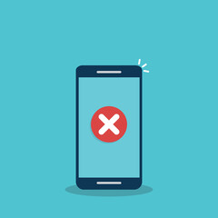 Smartphone with error alert vector illustration, mobile phone with warning icon, alarm or attention message notification, caution or broken cellphone, prohibited or access denied. Vector illustration