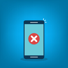 Smartphone with error alert vector illustration, mobile phone with warning icon, alarm or attention message notification, caution or broken cellphone, prohibited or access denied. Vector illustration