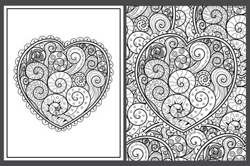 Hand drawn doodle heart coloring pages set in US Letter format. Black and white Valentine’s Day patterns for antistress coloring book. Love mandala. Vector illustration