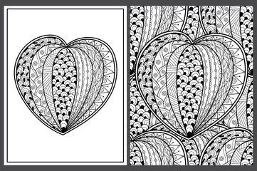 Doodle heart in zentangle style coloring pages set in US Letter format. Black and white love pattern for antistress coloring book. Valentine’s Day mandala. Vector illustration