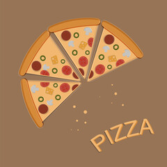 vector illustration, pizza, pizza with salami, cheese, olives, tomatoes, mushrooms