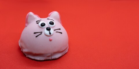chocolate cookies with cream. red background. cat