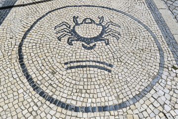 black and white basalt pavement representing a crab on a sidewalk in Aveiro, Portugal