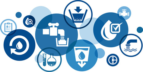 Water treatment vector illustration. Blue concept with icons related to water purification & testing, sewage treatment & recycling, water pollution, wasserwerk, sanitation & clean drinking water. - obrazy, fototapety, plakaty