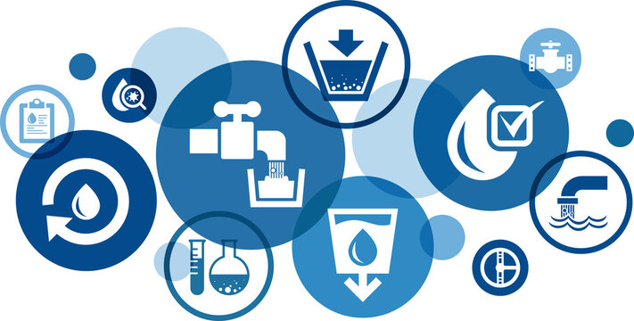 Water treatment vector illustration. Blue concept with icons related to water purification & testing, sewage treatment & recycling, water pollution, wasserwerk, sanitation & clean drinking water.