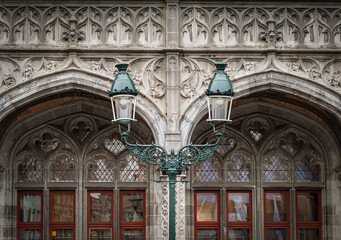 Obraz premium Architectural details of the Bruges historium museum, a visitor center on the Grote Markt, Belgium