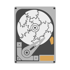 Broken hard disk drive on white background. Opened HDD internal circuit with plate crashed on pieces in simple flat style. Vector element for technical design, computer repair, data recovery concept
