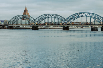 Railway Bridge over Daugava River. Riga Old Town. Medieval Gothic Architecture. Riga the capital of Latvia. Baltic states. Europe.
