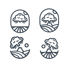 Set of fallen tree landscape logo in rice fields with twilight atmosphere. suitable for farm logos, cafes, restaurants. line design. Vector illustration. oval element