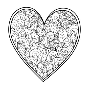 Cute zentangle floral heart coloring page. Black and white love pattern for antistress coloring book. Valentine’s Day mandala. Vector illustration