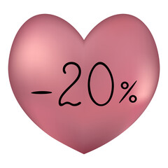 Heart and Sale. Pink heart. Seasonal discount -20% for Valentines Day. Colored vector illustration. Symbol of love. Holiday sale. Isolated background. Idea for web design, banner.