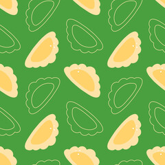 Cute cartoon style boiled pierogi, filled dumplings vector seamless pattern background.
