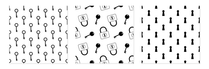 Set, collection of three vector seamless pattern backgrounds with locks and keys.
