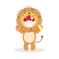 Fototapeta premium Cute Lion brushing his teeth. Dental concept for children dentistry. Vector illustration in cartoon style. For kids stuff, card, posters, banners, children books and print for clothes, t shirts.