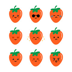 Set, collection, pack of persimmon emoji, vector cartoon style icons of orange persimmons characters with different facial expressions, happy, sad, shining, joyful.