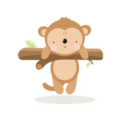 Cute Monkey on the branch in cartoon style. Vector illustration in white background. For kids stuff, card, posters, banners, children books and print for clothes, t shirts.