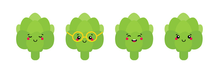 Set, collection of cute green artichoke characters for organic, healthy food and meal cooking design.