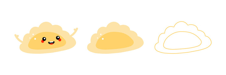 Set, collection of cute cartoon style pierogi, filled dumpling character  with pierogi icons, symbols for food design.
