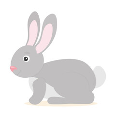 Fototapeta na wymiar Cute little rabbit sitting on ground. Easter rabbit, design for greeting card. Religious Celebration. Domestic animal. Vector illustration in cartoon style. Gray and pink colors. White background.