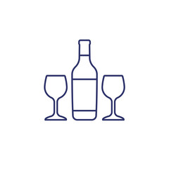 wine bottle and two glasses line icon