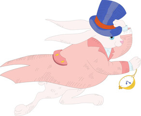 A running rabbit in a top hat and a tailcoat with a pocket watch, a character from the fairy tale Alice in Wonderland