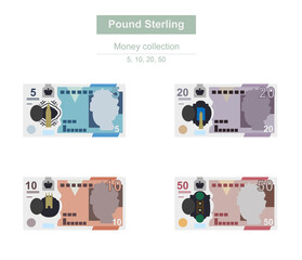 Pound Sterling Vector Illustration. United Kingdom, Guernsey, Isle of Man, Jersey money set bundle banknotes. Paper money 5, 10, 20, 50 GBP. Flat style. Isolated on white background.