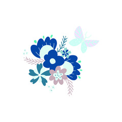 Flowers bouquet composition and butterfly on white background. Vector clipart. 