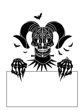 Devil skull with horns and bats, holding blank paper, ornament details, isolated on the white background