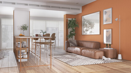 Contemporary orange and wooden living and dining room in modern panoramic apartment. Island with stools, table with chairs, sofa, carpet and decors. Interior design concept