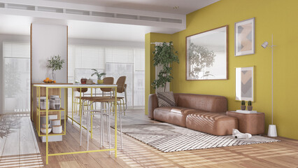 Contemporary yellow and wooden living and dining room in modern panoramic apartment. Island with stools, table with chairs, sofa, carpet and decors. Interior design concept